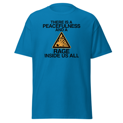 "There is a peacefulness and a rage inside us all" printed on a sapphire on an invisible body