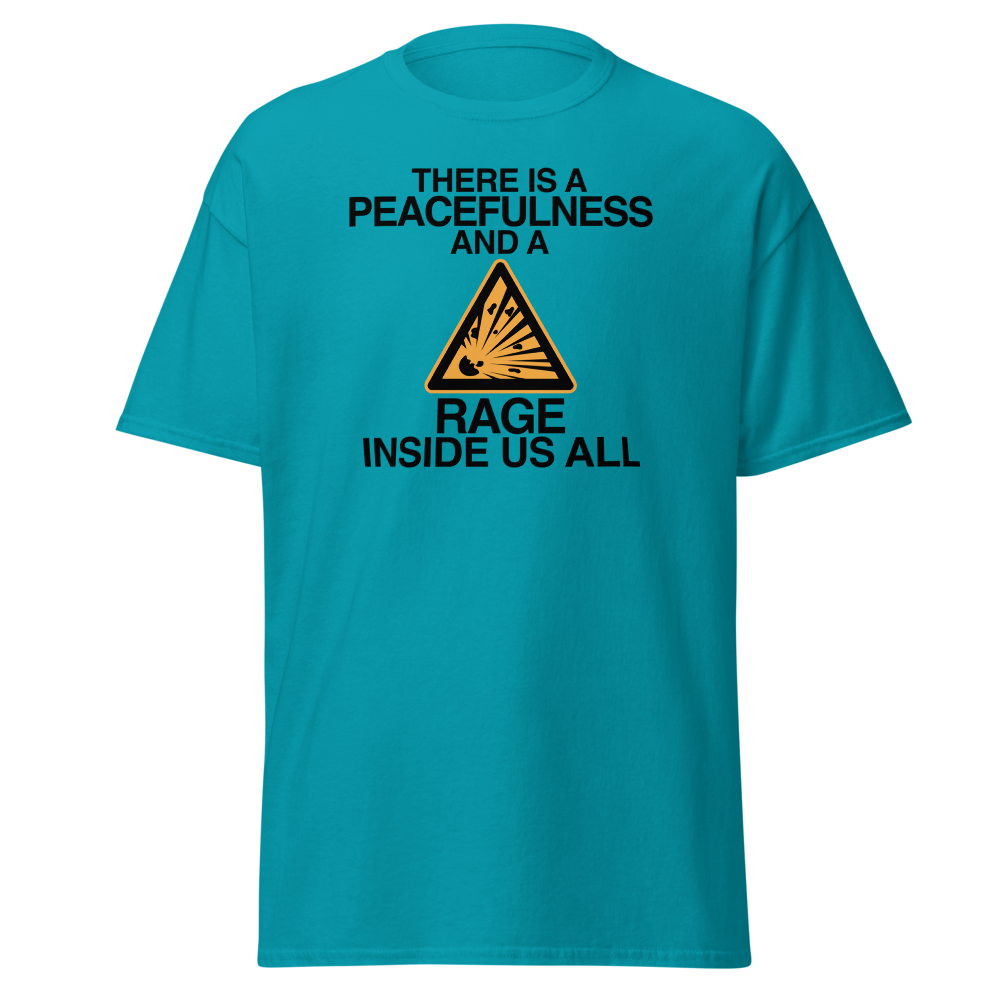 "There is a peacefulness and a rage inside us all" printed on a tropical blue on an invisible body