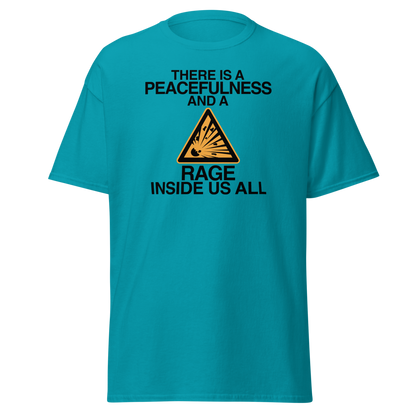 "There is a peacefulness and a rage inside us all" printed on a tropical blue on an invisible body