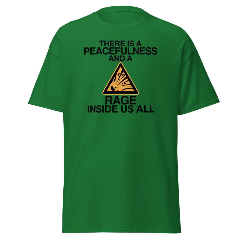 "There is a peacefulness and a rage inside us all" printed on a turf green on an invisible body