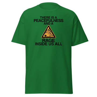"There is a peacefulness and a rage inside us all" printed on a turf green on an invisible body