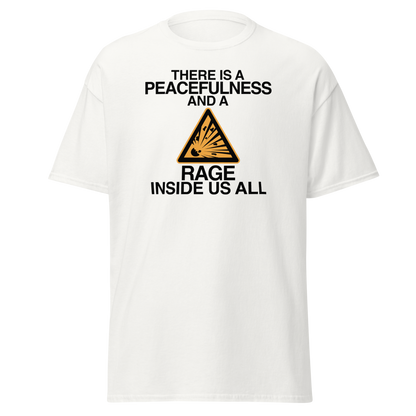 "There is a peacefulness and a rage inside us all" printed on a white on an invisible body