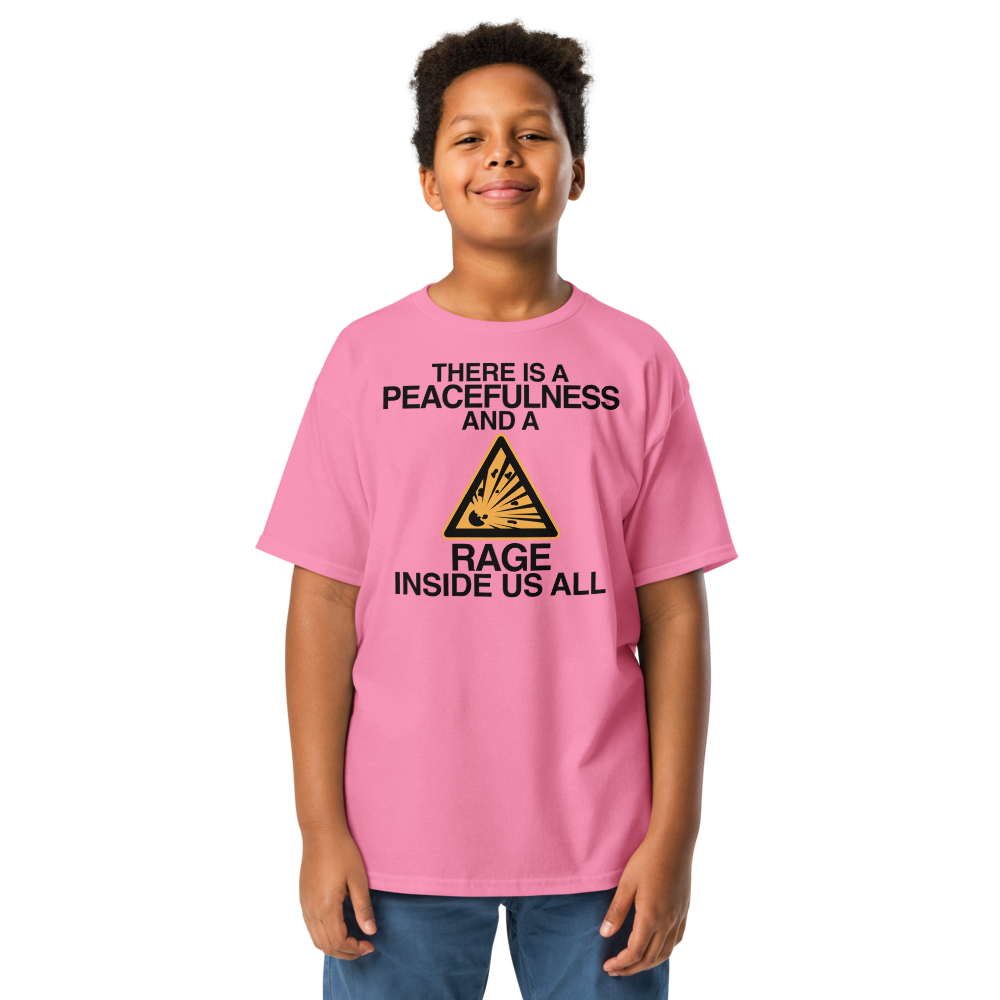 "There is a peacefulness and a rage inside us all" printed on a azalea youth classic tee worn by a male