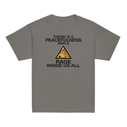 "There is a peacefulness and a rage inside us all" printed on a charcoal youth classic tee laying on a flat surface