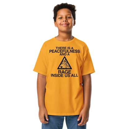 "There is a peacefulness and a rage inside us all" printed on a gold youth classic tee worn by a male