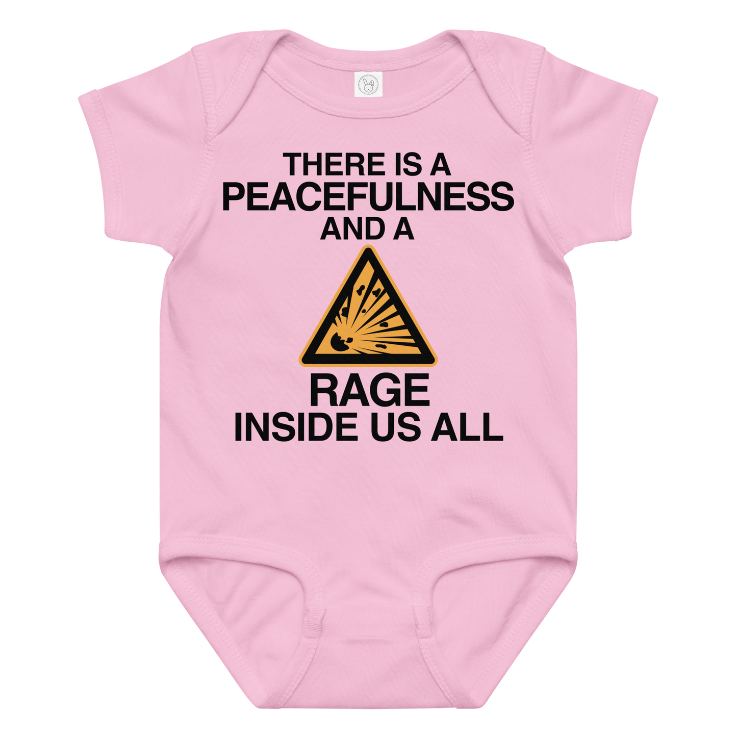 "There is a peacefulness and a rage inside us all" printed on a pink baby jersey bodysuit laying on a flat surface amongst other clothes