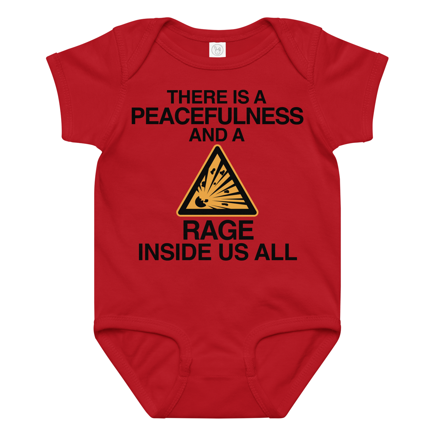 "There is a peacefulness and a rage inside us all" printed on a red baby jersey bodysuit laying on a flat surface amongst other clothes