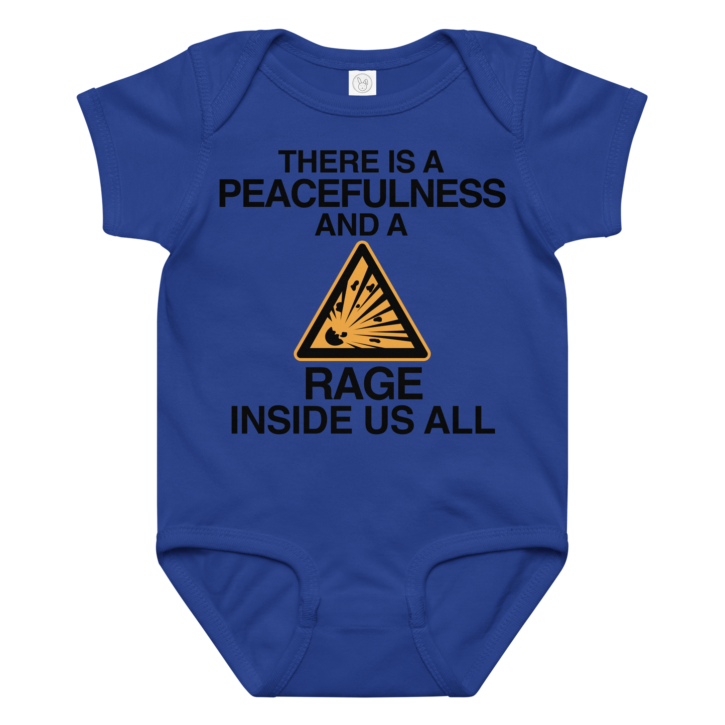 "There is a peacefulness and a rage inside us all" printed on a royal baby jersey bodysuit laying on a flat surface amongst other clothes