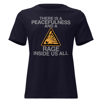 "There is a peacefulness and a rage inside us all" printed on a navy on an invisible / simulated body