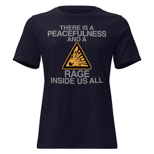 "There is a peacefulness and a rage inside us all" printed on a navy on an invisible / simulated body