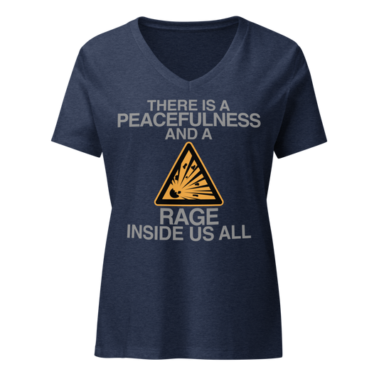 "There is a peacefulness and a rage inside us all" printed on a heather navy on an invisible / simulated body