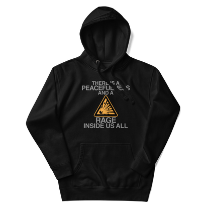 "There is a peacefulness and a rage inside us all" printed on a black unisex hoodie laying on a flat surface with the hood up