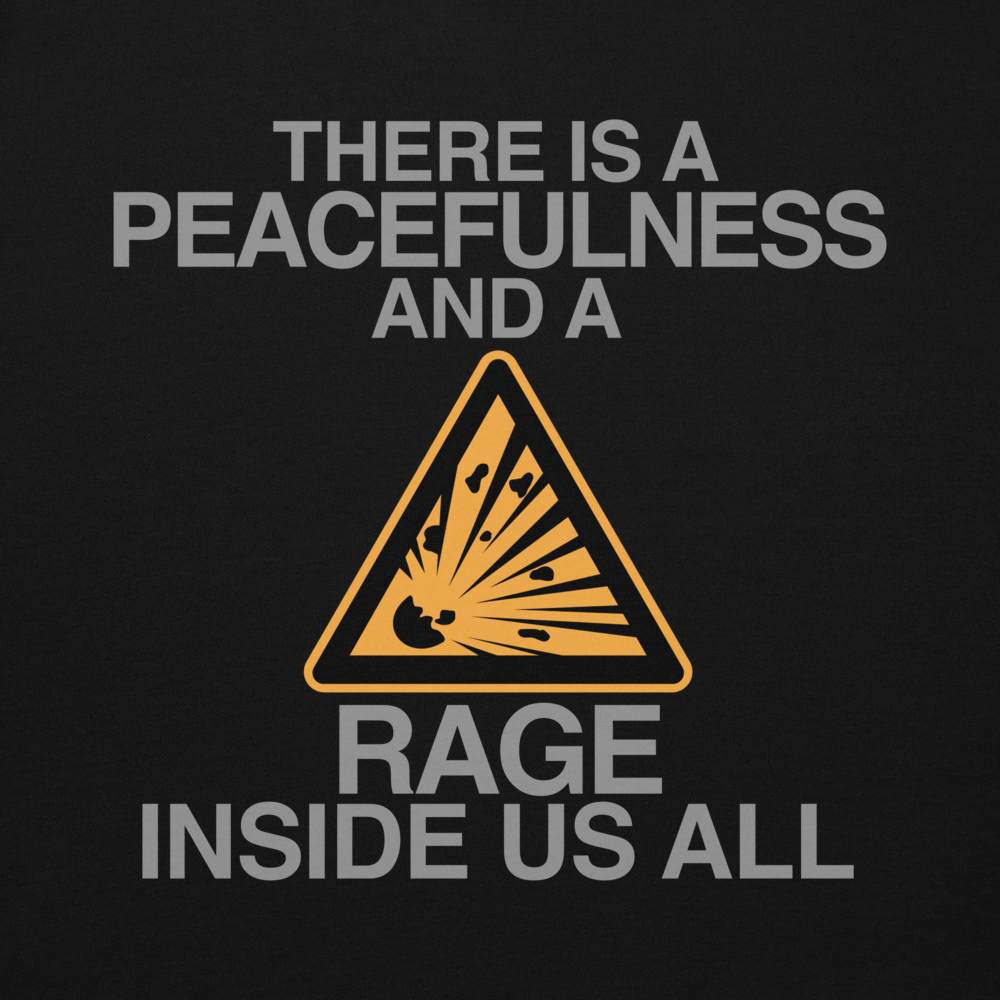 "There is a peacefulness and a rage inside us all" printed on a black background