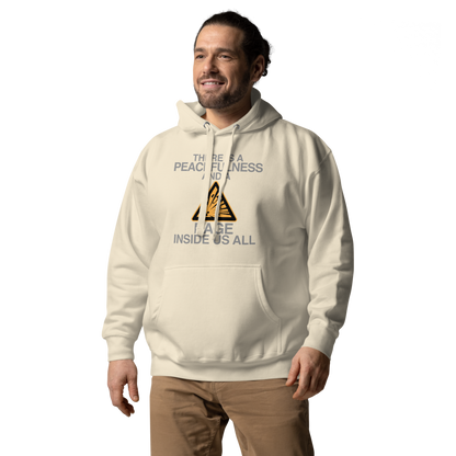 "There is a peacefulness and a rage inside us all" printed on a bone unisex hoodie worn by a male