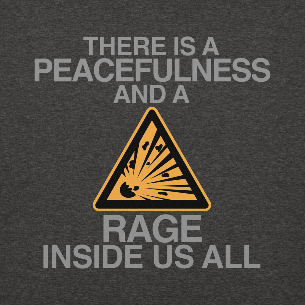 "There is a peacefulness and a rage inside us all" printed on a charcoal heather background