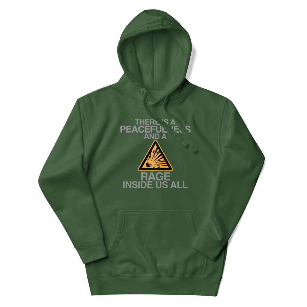 "There is a peacefulness and a rage inside us all" printed on a forest green unisex hoodie laying on a flat surface with the hood up