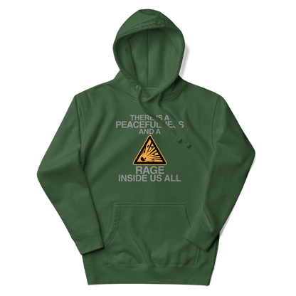 "There is a peacefulness and a rage inside us all" printed on a forest green unisex hoodie laying on a flat surface with the hood up