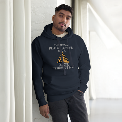 "There is a peacefulness and a rage inside us all" printed on a navy blazer unisex hoodie worn by a male