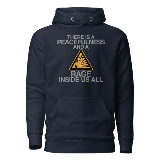 "There is a peacefulness and a rage inside us all" printed on a navy blazer on an invisible / simulated body
