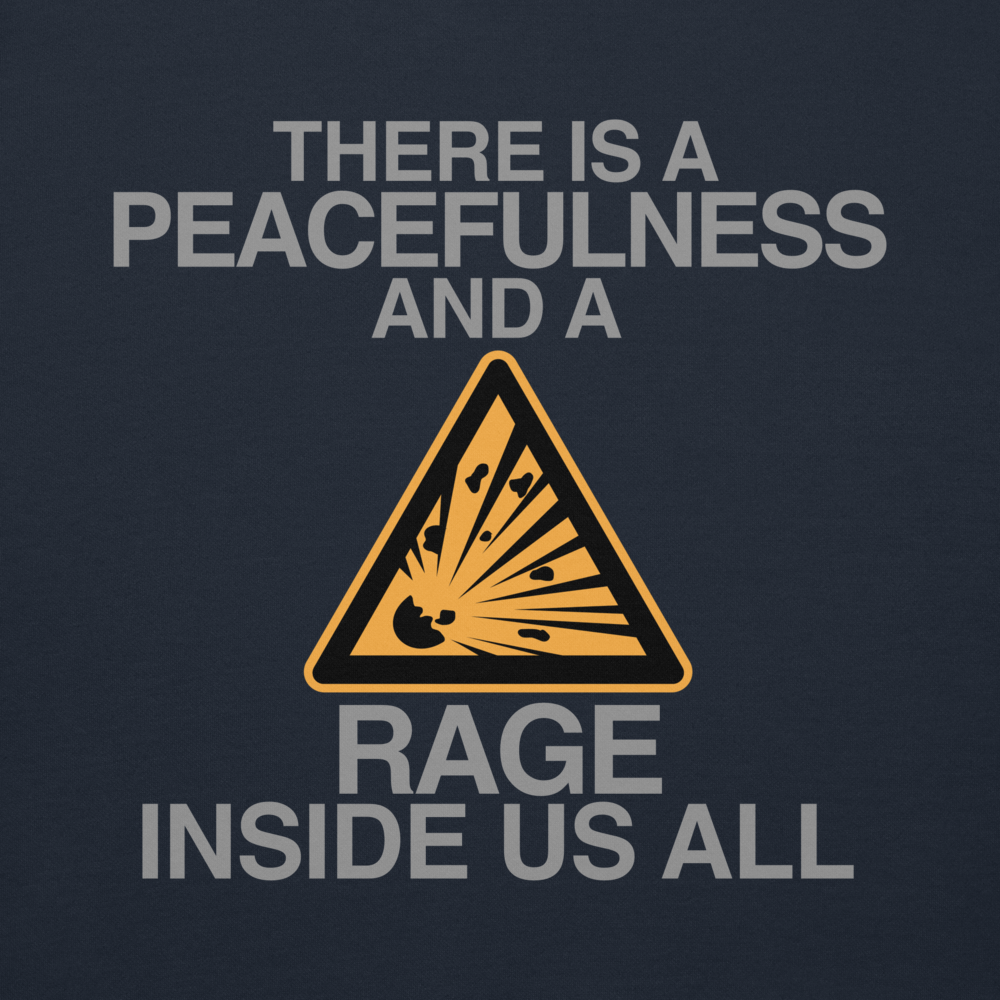 "There is a peacefulness and a rage inside us all" printed on a navy blazer background