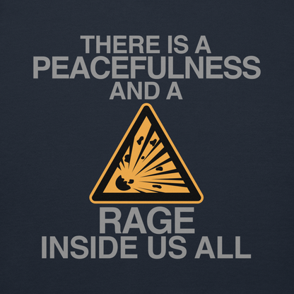 "There is a peacefulness and a rage inside us all" printed on a navy blazer background