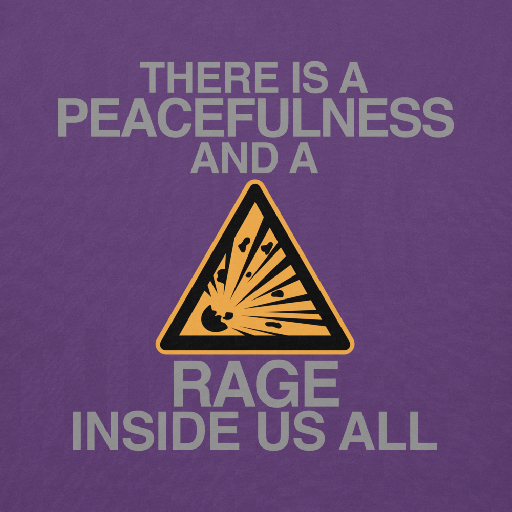 "There is a peacefulness and a rage inside us all" printed on a purple background