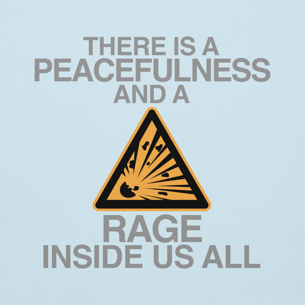 "There is a peacefulness and a rage inside us all" printed on a sky blue background