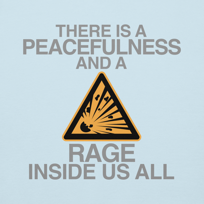 "There is a peacefulness and a rage inside us all" printed on a sky blue background