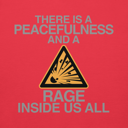"There is a peacefulness and a rage inside us all" printed on a team red background