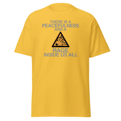 "There is a peacefulness and a rage inside us all" printed on a daisy on an invisible body