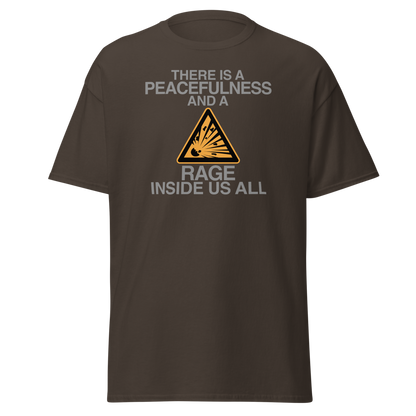 "There is a peacefulness and a rage inside us all" printed on a dark chocolate on an invisible body