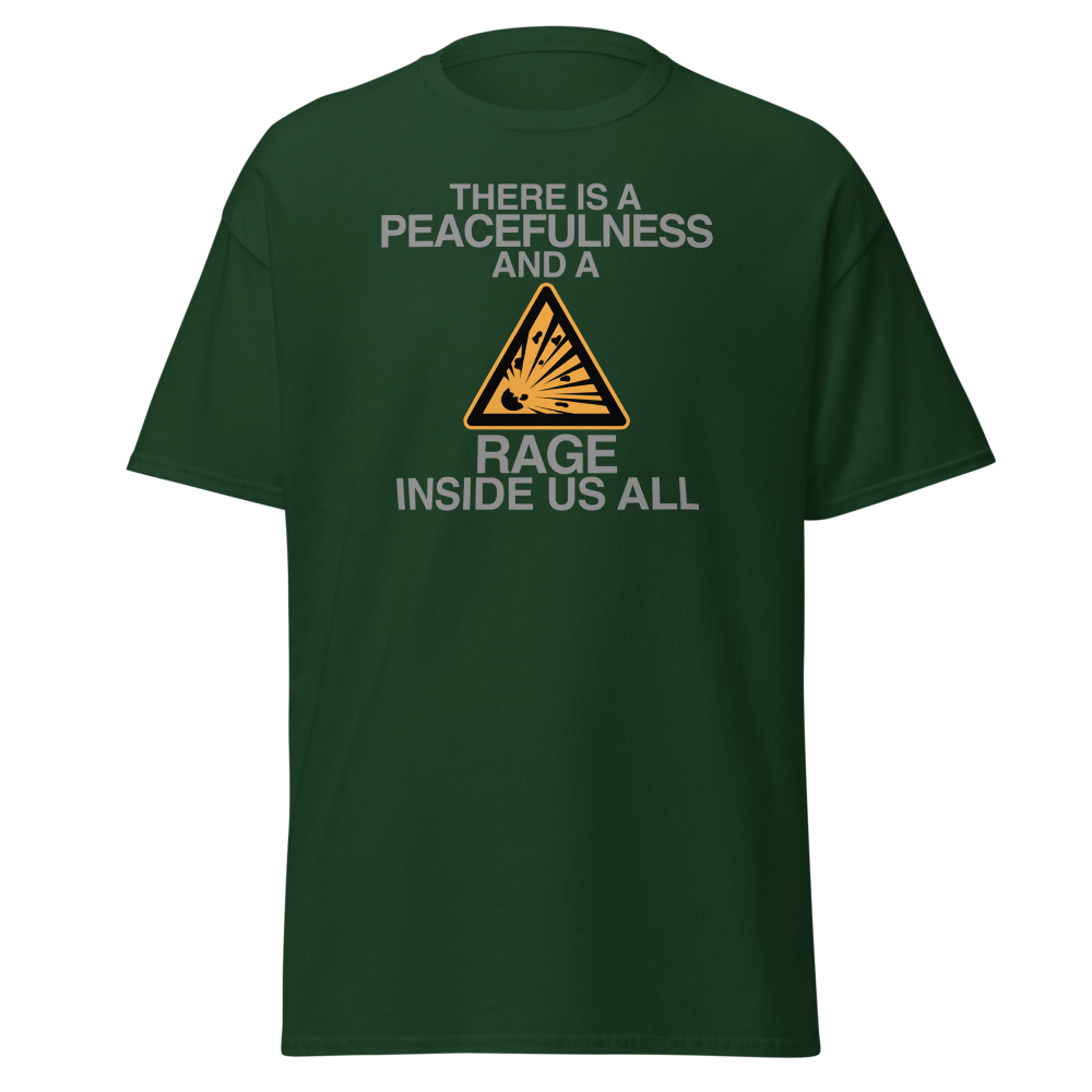 "There is a peacefulness and a rage inside us all" printed on a forest green on an invisible body