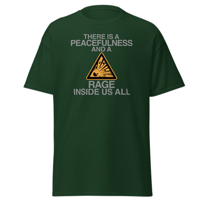 "There is a peacefulness and a rage inside us all" printed on a forest green on an invisible body
