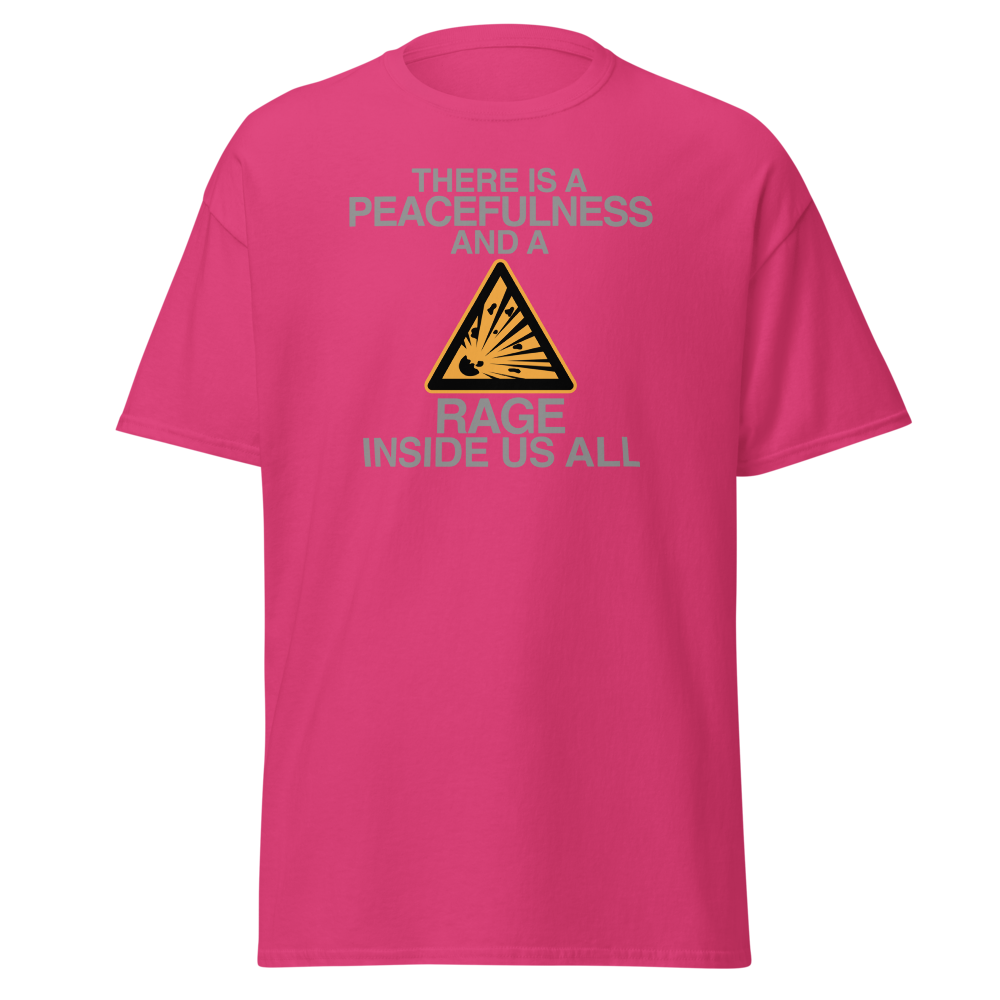 "There is a peacefulness and a rage inside us all" printed on a heliconia on an invisible body