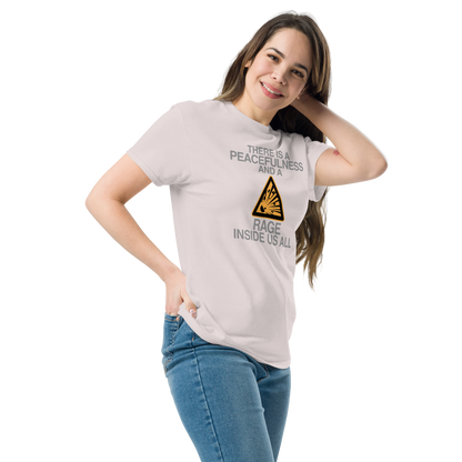 "There is a peacefulness and a rage inside us all" printed on a ice grey unisex classic tee worn by a female