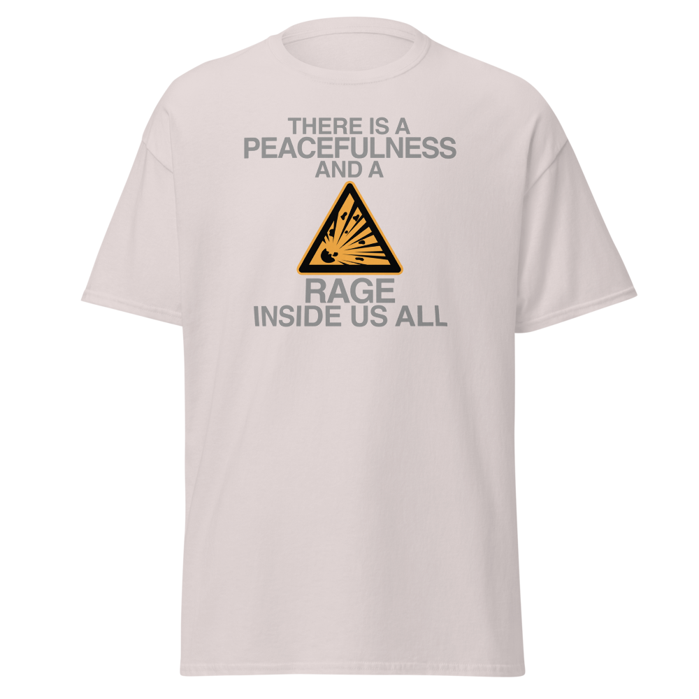 "There is a peacefulness and a rage inside us all" printed on a ice grey on an invisible body