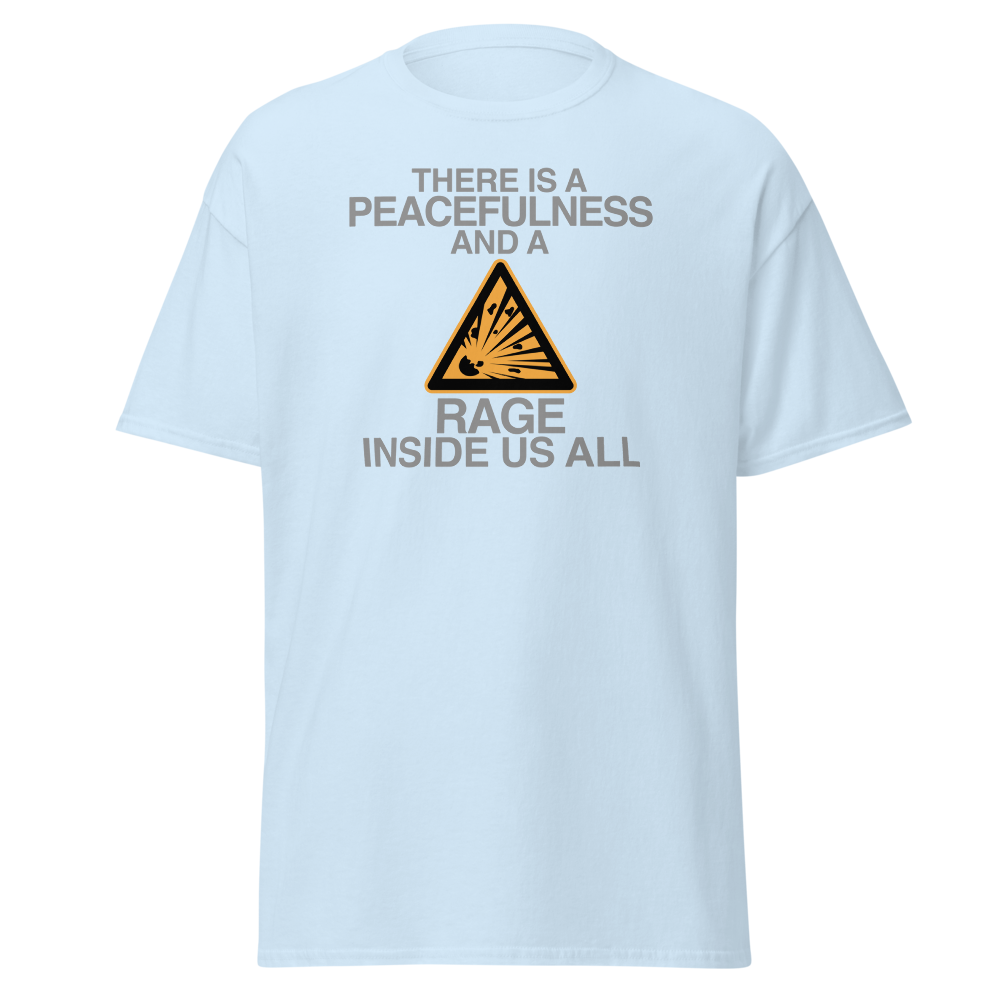"There is a peacefulness and a rage inside us all" printed on a light blue on an invisible body