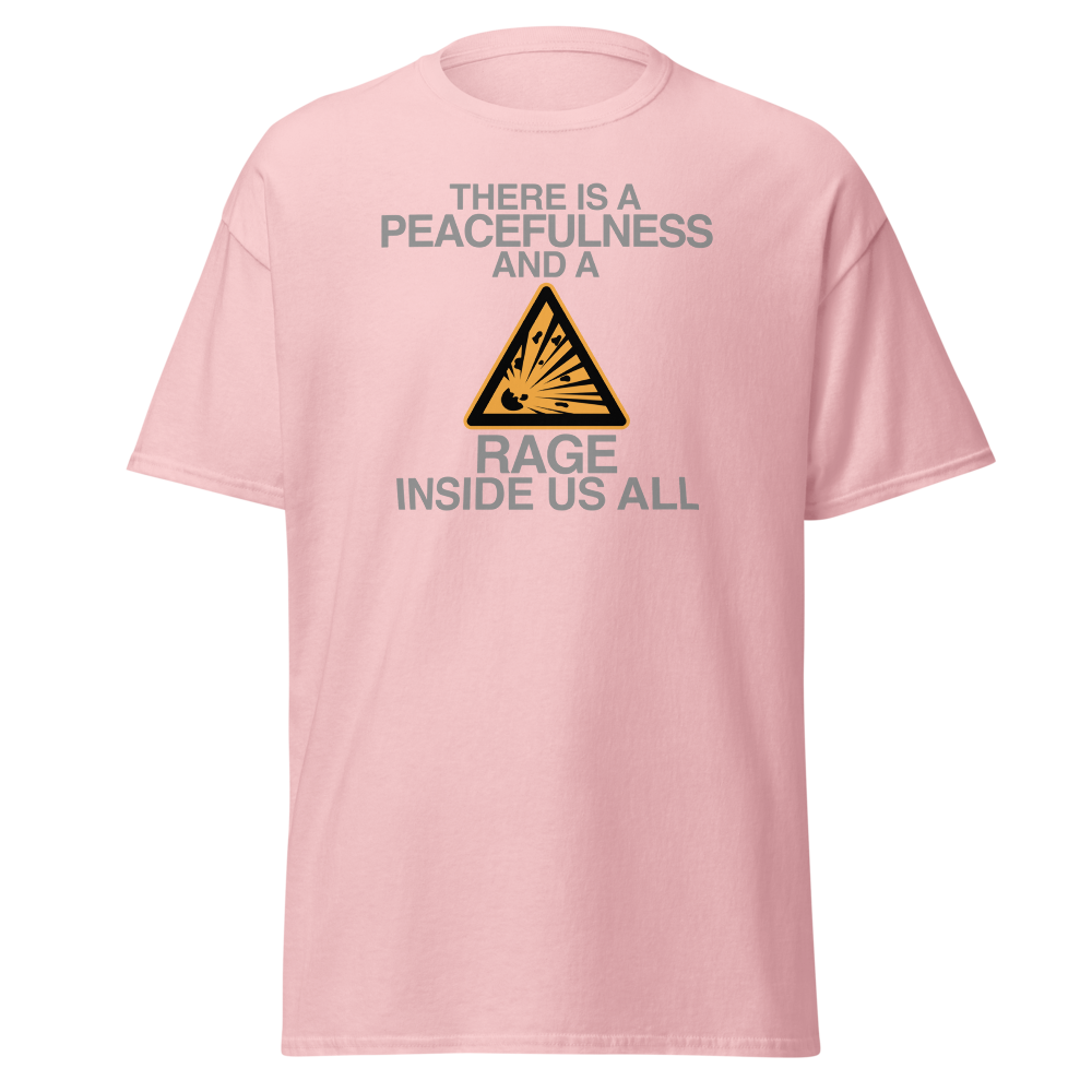 "There is a peacefulness and a rage inside us all" printed on a light pink on an invisible body