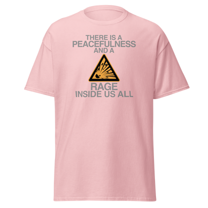 "There is a peacefulness and a rage inside us all" printed on a light pink on an invisible body