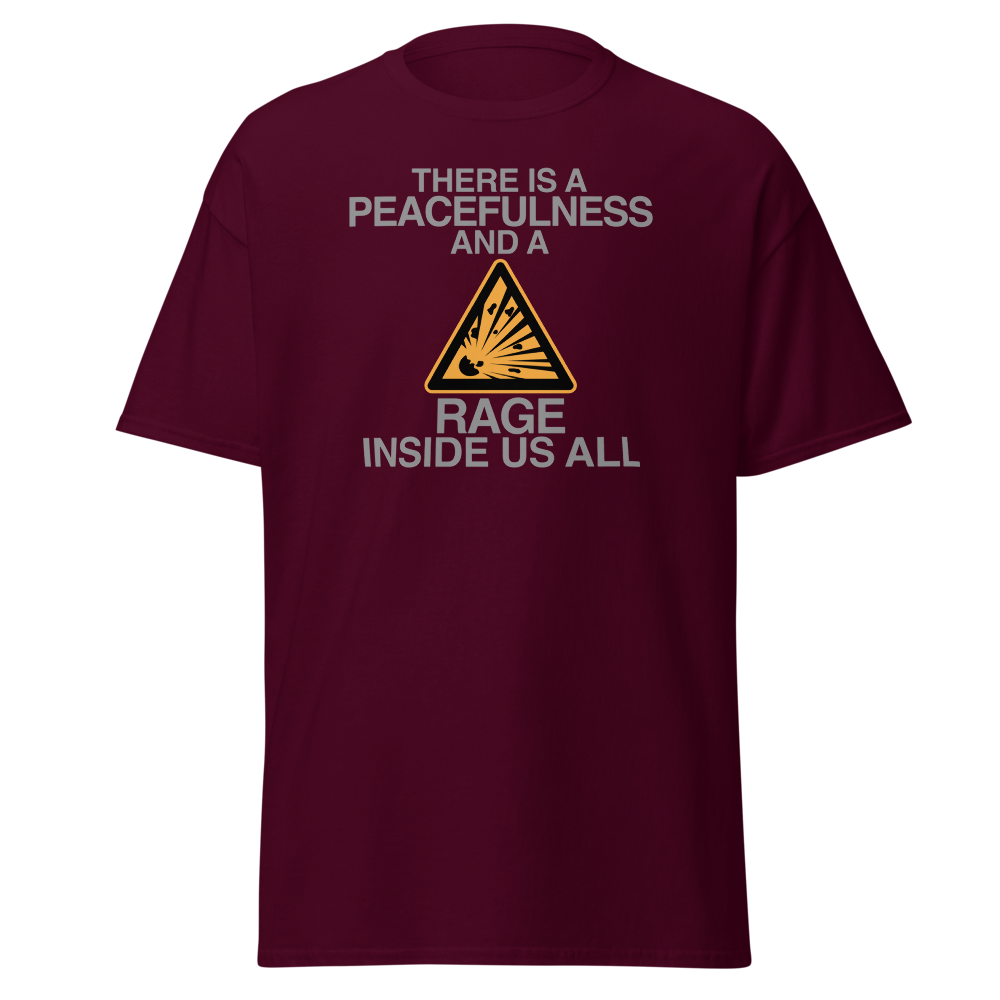 "There is a peacefulness and a rage inside us all" printed on a maroon on an invisible body