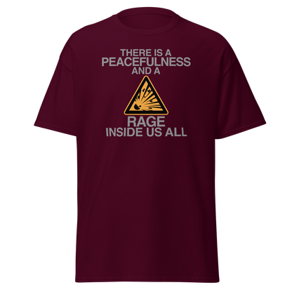 "There is a peacefulness and a rage inside us all" printed on a maroon on an invisible body