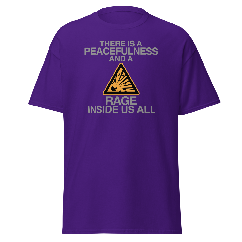 "There is a peacefulness and a rage inside us all" printed on a purple on an invisible body