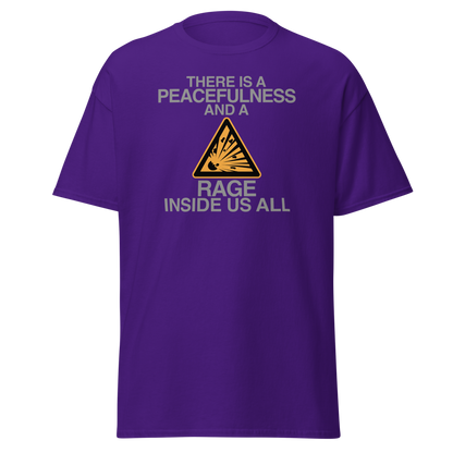 "There is a peacefulness and a rage inside us all" printed on a purple on an invisible body