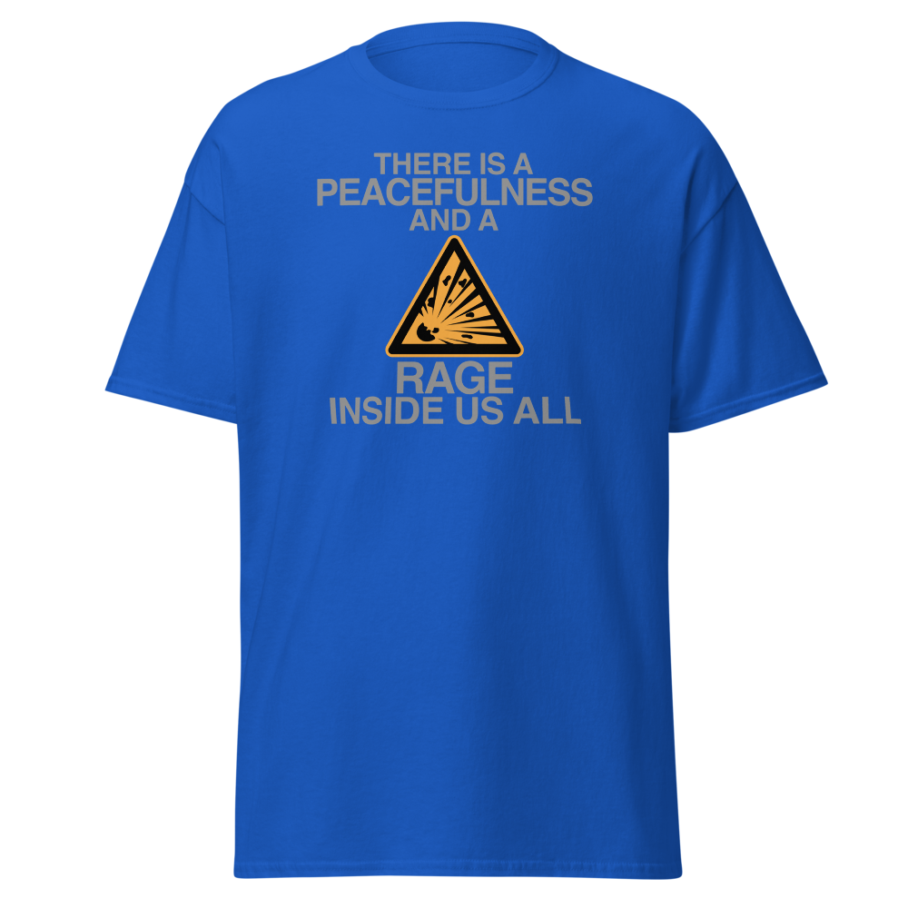 "There is a peacefulness and a rage inside us all" printed on a royal on an invisible body