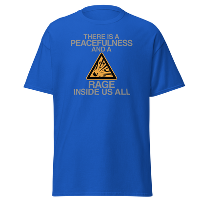 "There is a peacefulness and a rage inside us all" printed on a royal on an invisible body