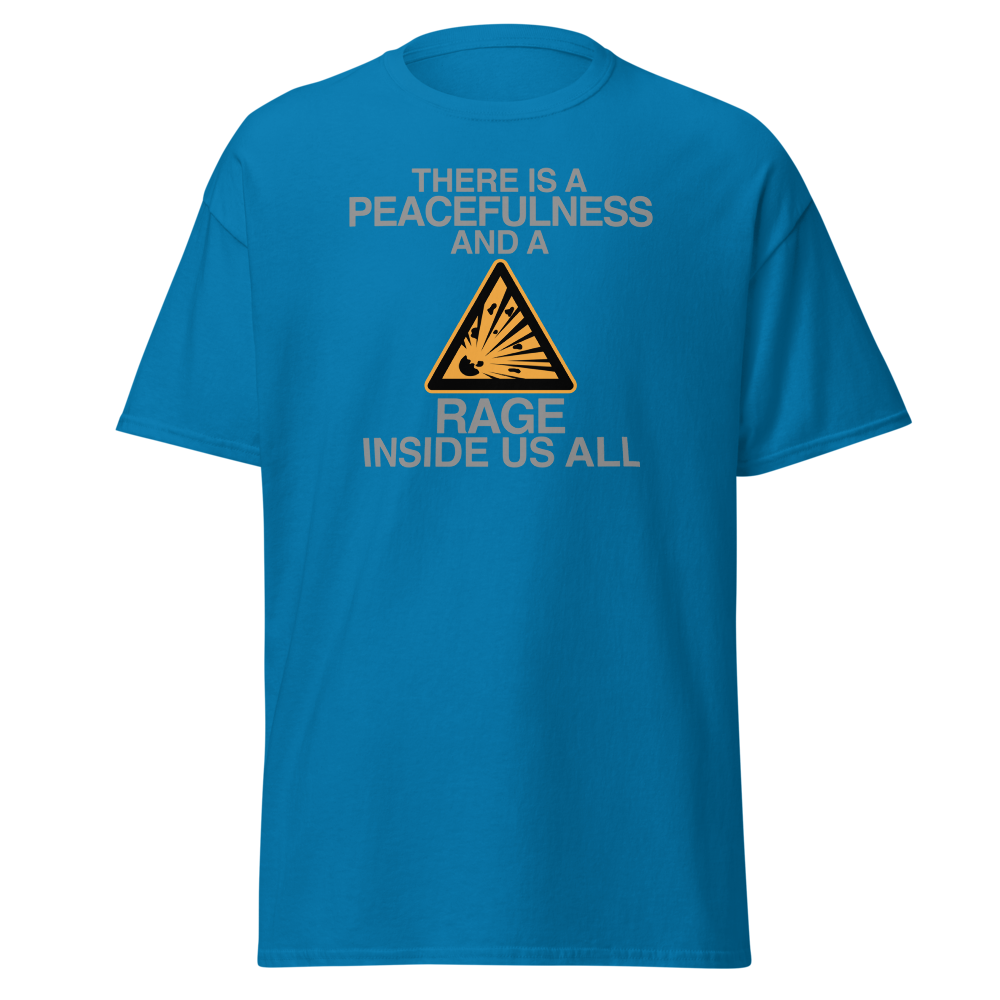 "There is a peacefulness and a rage inside us all" printed on a sapphire on an invisible body