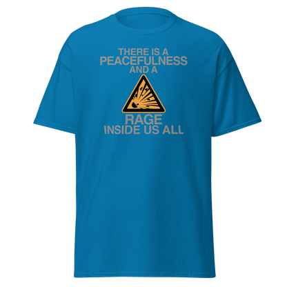 "There is a peacefulness and a rage inside us all" printed on a sapphire on an invisible body