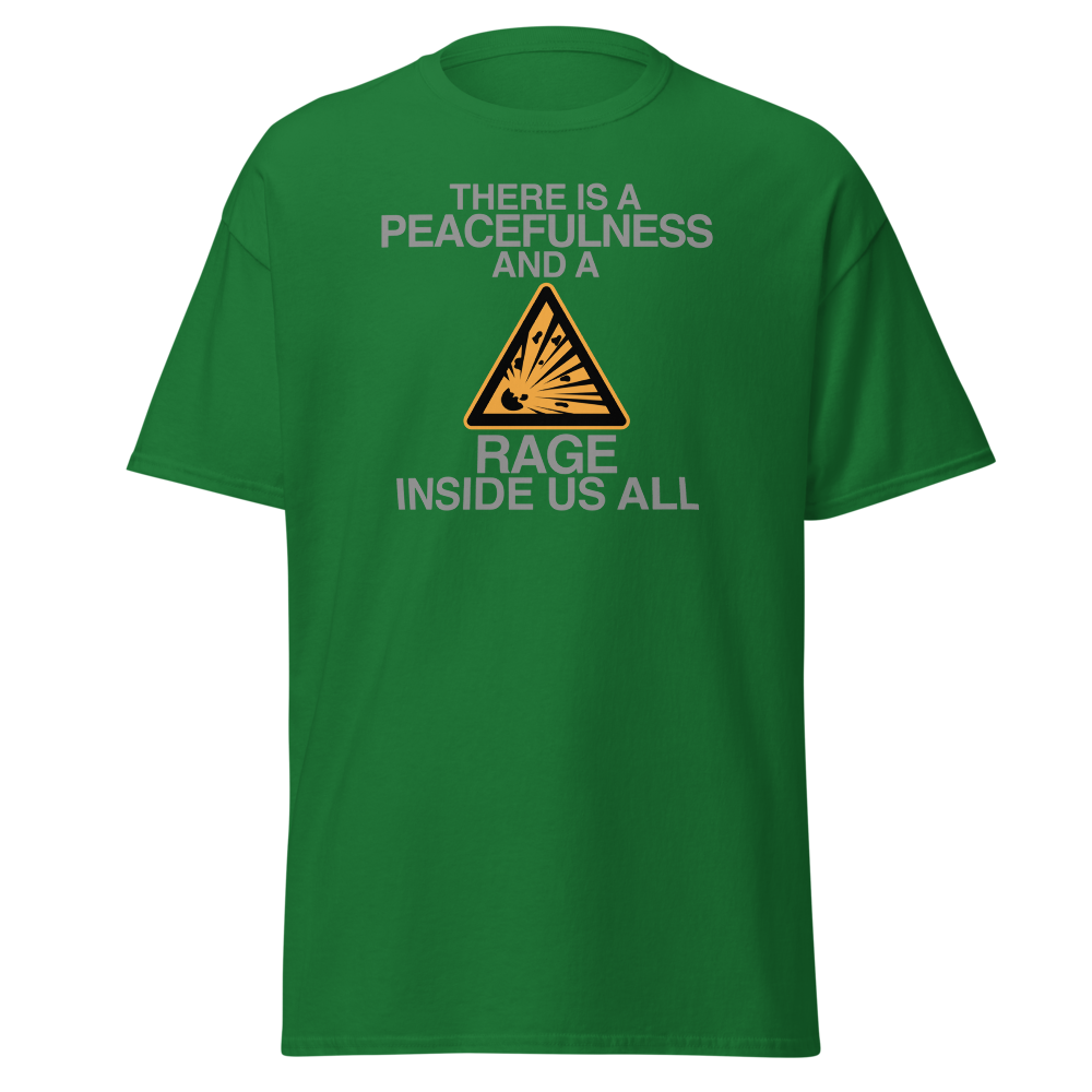 "There is a peacefulness and a rage inside us all" printed on a turf green on an invisible body