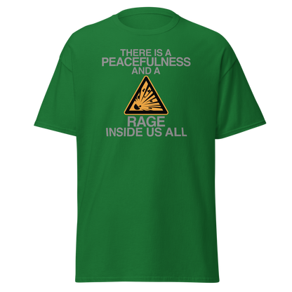 "There is a peacefulness and a rage inside us all" printed on a turf green on an invisible body