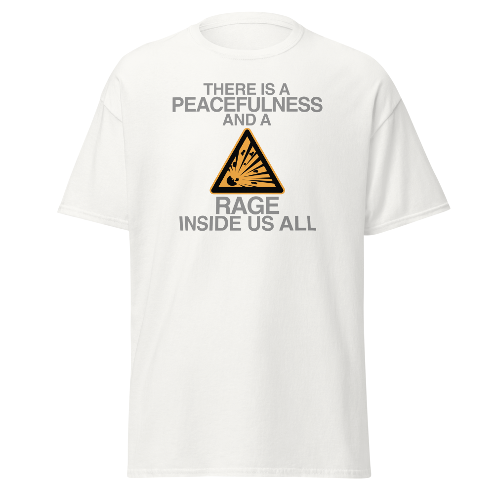 "There is a peacefulness and a rage inside us all" printed on a white on an invisible body